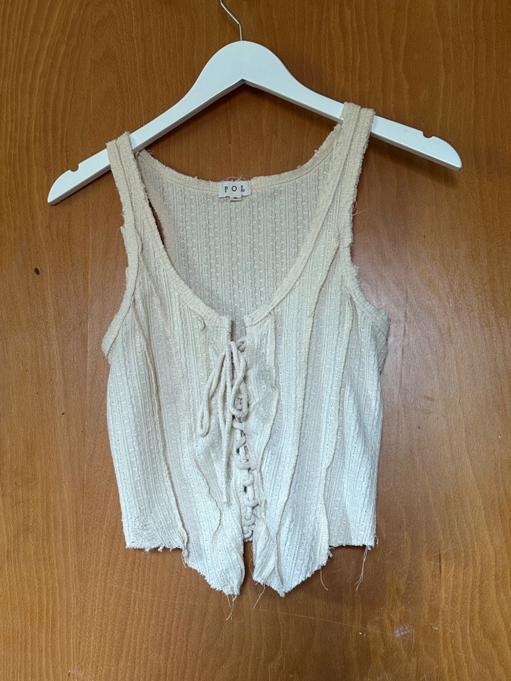 POL Ivory Lace Up Raw Edge Boho Knit Tank S